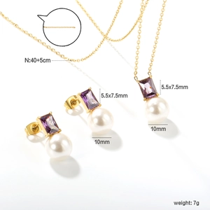 Detail showing 10mm pearl necklace with purple zircon pendant and matching earrings