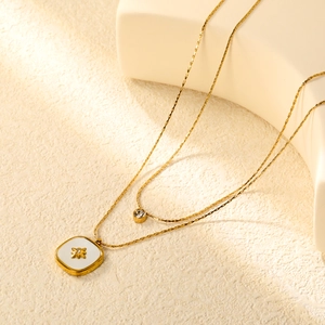 Double Layered Necklace 18K Gold Plated Stainless Steel White Shell Eight Pointed Star Square Pendant Zircon For Women