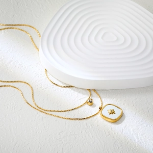 Gold-plated stainless steel layered necklace with white shell star-shaped square pendant