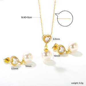 Elegant gold heart zircon necklace and pearl earring jewelry set for women