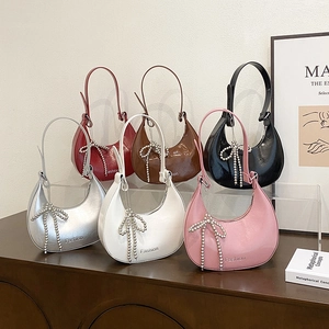 Women's Retro Crescent Underarm Bag Glossy PU Leather Shoulder Bag Beaded Bow Charm Fashion Letter Print Trendy Commute Handbag