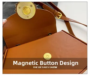 Details des Magnetverschlusses und der goldenen Beschläge an der braunen Ledertasche