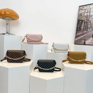 Women Fashion Monogram Crossbody Bag Vintage M Letter Print Small Square Bag With Gold Chain Adjustable Strap PU Handbag