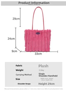 Size chart showing plush tote bag dimensions with handle height and fabric details