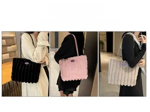 Detailed view of plush tote bags in black, pink, and beige with vertical stripe textures