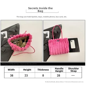 Size guide for fuzzy faux fur tote bag showing dimensions and spacious interior capacity