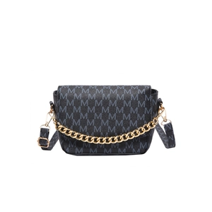 Modern grey crossbody bag with M-letter print and decorative gold chain strap for women