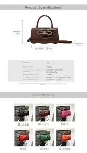 Size chart for crocodile pattern handbag with diamond bow showing dimensions and PU material