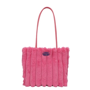Pink plush tote bag with vertical stripes, fashion girl label and leather straps