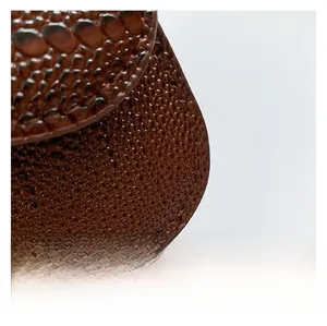 Close-up of the glossy brown crocodile embossed leather texture on a compact handbag