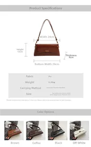 Detailed chart showing PU leather shoulder bag specs, dimensions, and four color options