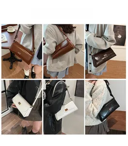 Collage of chic patent leather shoulder bags showing four colors and various styling views
