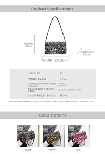 Detail view of leopard print PU shoulder bag with size specifications and color options