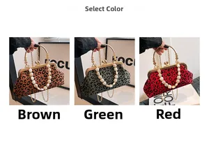 Detailed view of leopard print shell bags in brown, green, and red with gold pearl handles