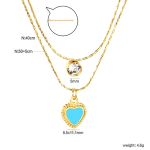 Détails des dimensions du collier doré double rang avec pendentifs cœur bleu et zircon