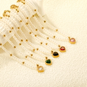 Faux pearl heart pendant bracelets in five gemstone colors with gold bead chain accents