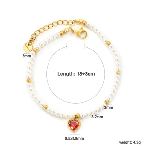 Imitation pearl bracelet with a gold-bordered red heart zircon pendant for women