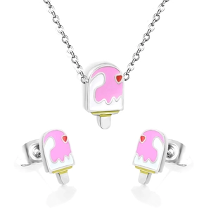 Detailed view of pink cherry ice cream necklace and stud earrings set in silver finish