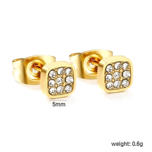 Elegant 5mm square gold stainless steel stud earrings with shimmering white zircons