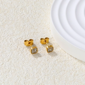 Elegant gold square stud earrings with micro-inlaid cubic zirconia in geometric design