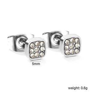Macro shot of square stainless steel stud earrings with tiny crystals, 5mm size