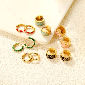 Stainless Steel Huggie Earrings Gold Plated Enamel Leopard Print Bamboo Joint Vintage Trendy Jewelry For Women