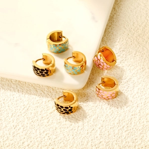 Polished gold stainless steel hoop earrings with colorful leopard enamel dot patterns