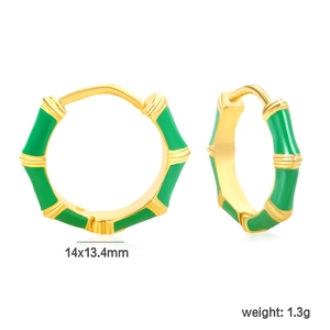 Elegant 18k gold plated stainless steel bamboo hoop earrings with green enamel coating