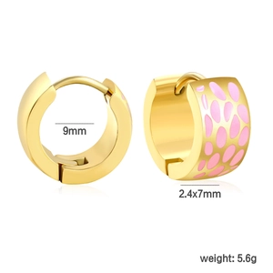 Macro shot showing 9mm inner diameter and pink enamel detail on gold stainless steel earrings