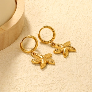 Detailed view of 18K gold-plated starfish pendant earrings with textured metal finish