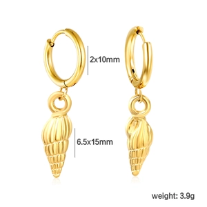 Gold stainless steel shell drop hoop earrings with textured spiral shell charm for women
