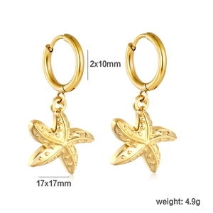 Gold stainless steel starfish hoop earrings with textured surface and size details