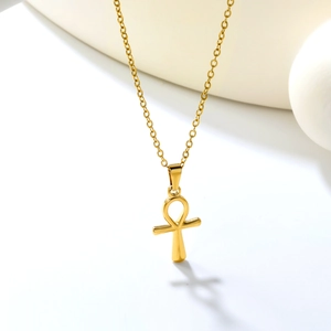 Polished 18K gold plated stainless steel Ankh cross pendant necklace for women