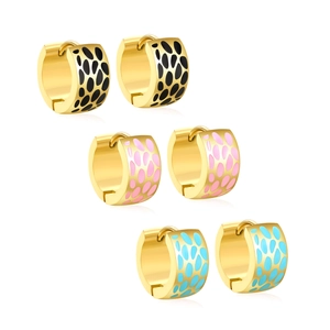 Gold-plated hoop earrings with black pink and blue enamel leopard patterns on white background