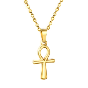 Polished 18K gold plated stainless steel Ankh cross pendant necklace with a round link chain