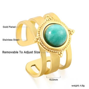Detail view of gold-plated stainless steel ring with 15.5mm green stone and open design