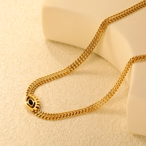 18K gold plated double layer necklace with evil eye pendant and black zircon stone