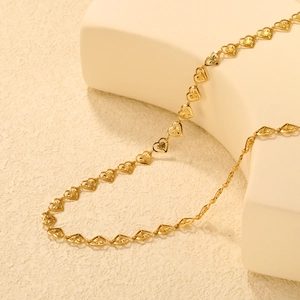 18K gold plated hollow heart link necklace with engraved radiant texture for women