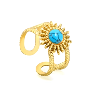 Vintage gold open ring featuring a round green stone and sunburst radiant design
