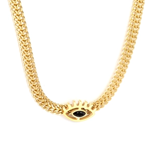 18K gold plated evil eye necklace with chunky woven wheat chain and black stone pendant