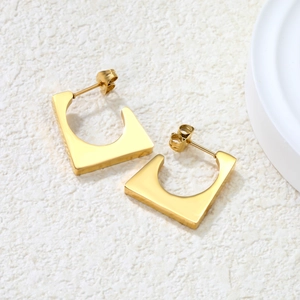 Polished 18k gold plated geometric square hoop earrings with hollow circular inner detail