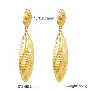 Detail view of gold drop earrings with dimensions showing spiral texture and 18k plating