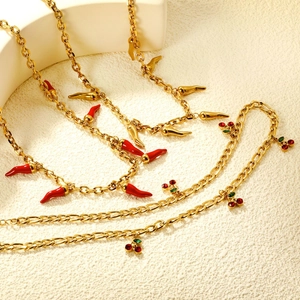 Stainless Steel Necklace Gold Plated Chili Pepper Cherry Pendant Enamel Rhinestone Fruit Jewelry For Women