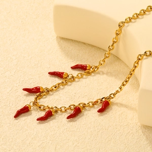 Chic 18K gold plated stainless steel necklace with red enamel chili pepper pendants