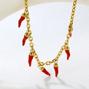 18k gold plated chunky chain necklace featuring multiple vibrant red enamel chili pendants