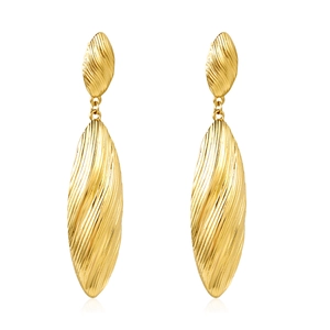 Chic 18K gold plated stainless steel long drop earrings with elegant striped leaf design