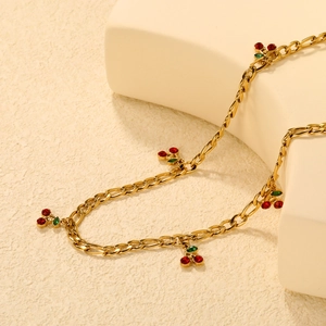 18K gold plated stainless steel cherry necklace with red and green crystal pendants