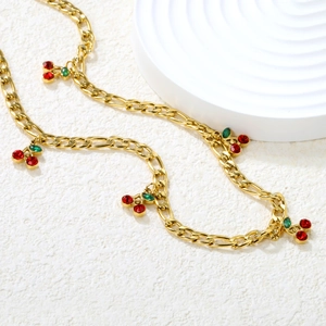 18k gold plated necklace featuring red and green cherry pendants with sparkling crystals