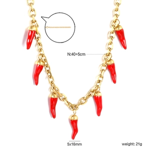 18k gold thick chain necklace with red chili pendants featuring size and weight specifications