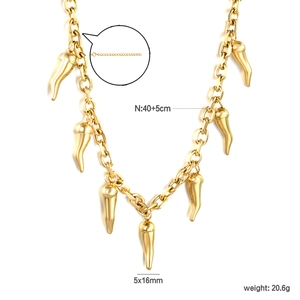 Detail of 18k gold chunky chain necklace with cornicello charms and dimension labels